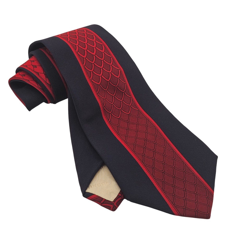 Pancaldi Italian Silk Tie Navy Red Geometric Scallop Retro Vintage Office Flawed